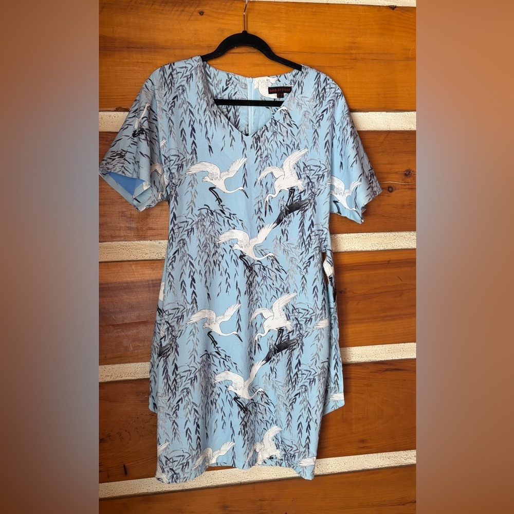 Superstition Blue Bird Print Dress • Tie Waist • Short Sleeve • Midi - Picture 4 of 10
